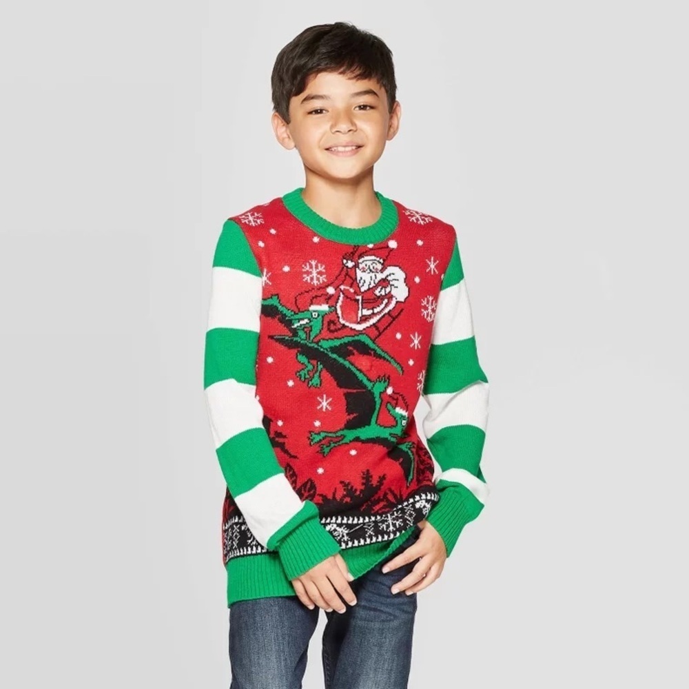 WELL WORN DINO SANTA UGLY SWEATER SIZE SMALL (NEW WITH TAGS)